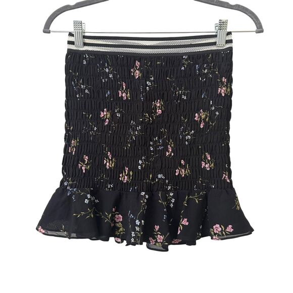 FOR LOVE & LEMONS Odette Smocked Silk Floral Mini Skirt Black Small - Picture 2 of 5